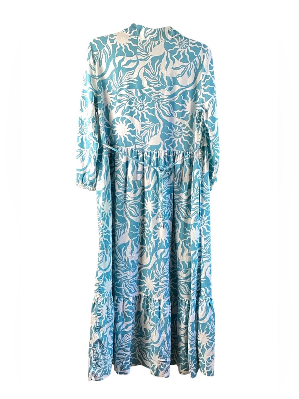 Nicole Miller Blue and White Floral Print Tiered MIDI Dress linen blend - Picture 5 of 7